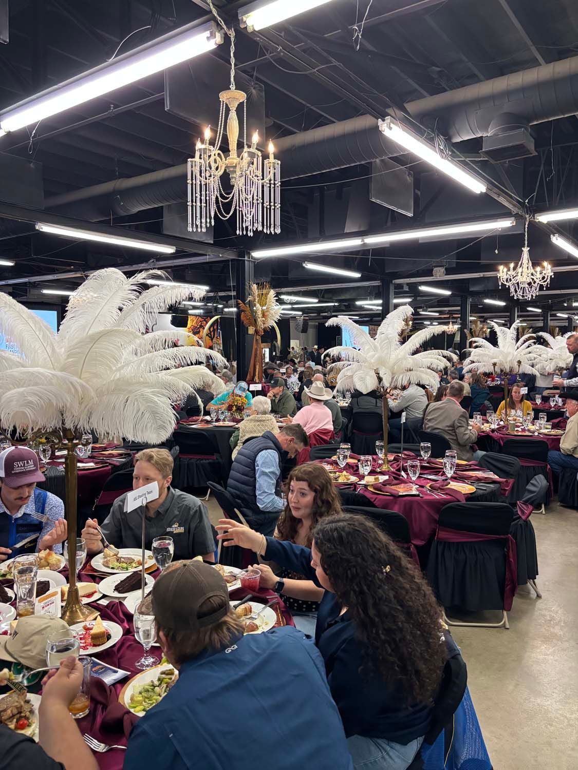 People dining at round tables in a decorated banquet hall with black ceiling lights and large white feather centerpieces