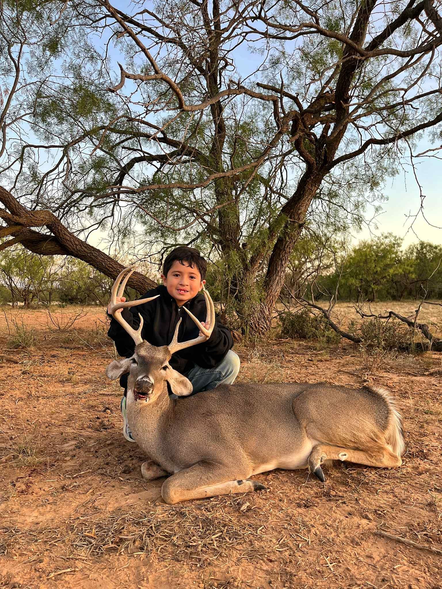 Person crouches behind a large deer with antlers in a dry field under a tree.