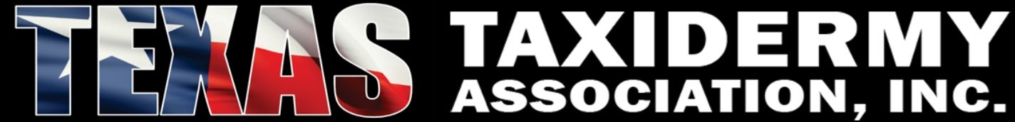 Texas Taxidermy Association logo with bold white text on a black background and a blue deer silhouette