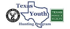 Texas Youth Hunting Program logos with blue Texas outline and green Texas Parks and Wildlife emblem