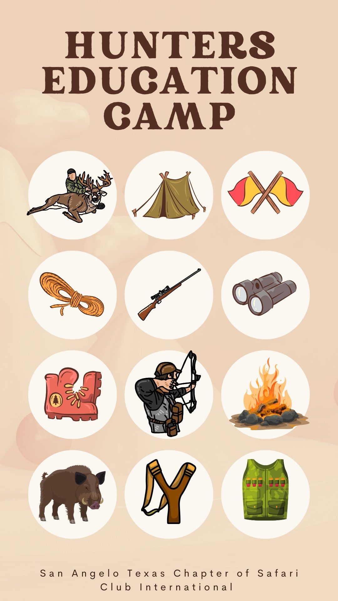 Hunters education camp poster with labeled hunting gear icons on a beige background