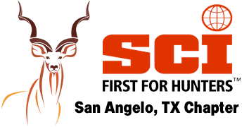 SCI logo with antelope head and orange globe, reading “FIRST FOR HUNTERS” and “San Angelo, TX Chapter”