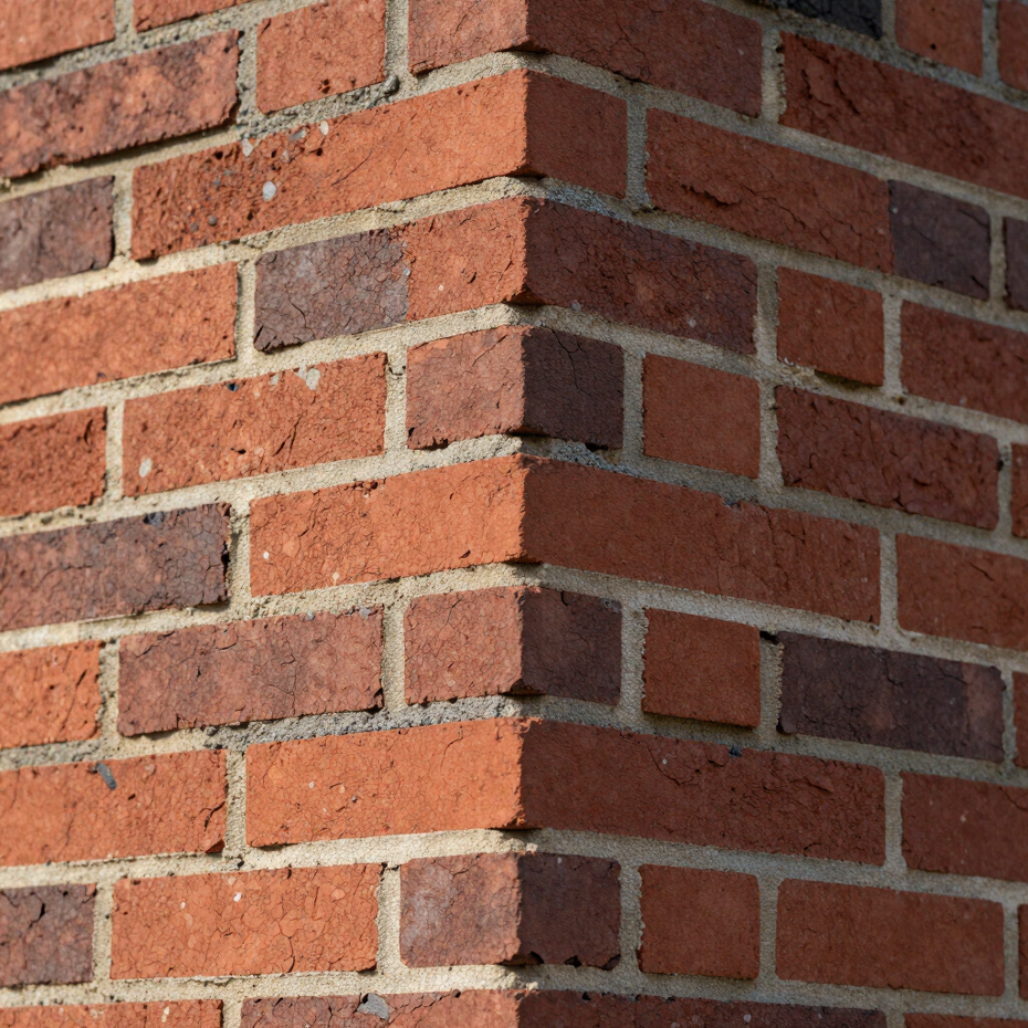 Close-up of a red brick building corner with white mortar lines