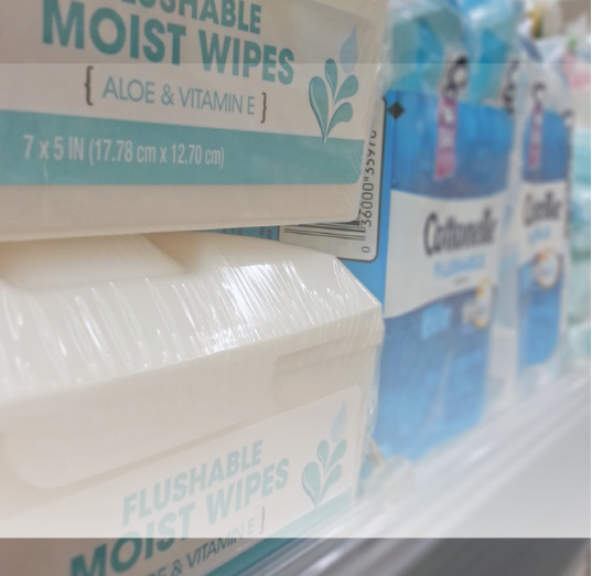 A box of flushable wipes