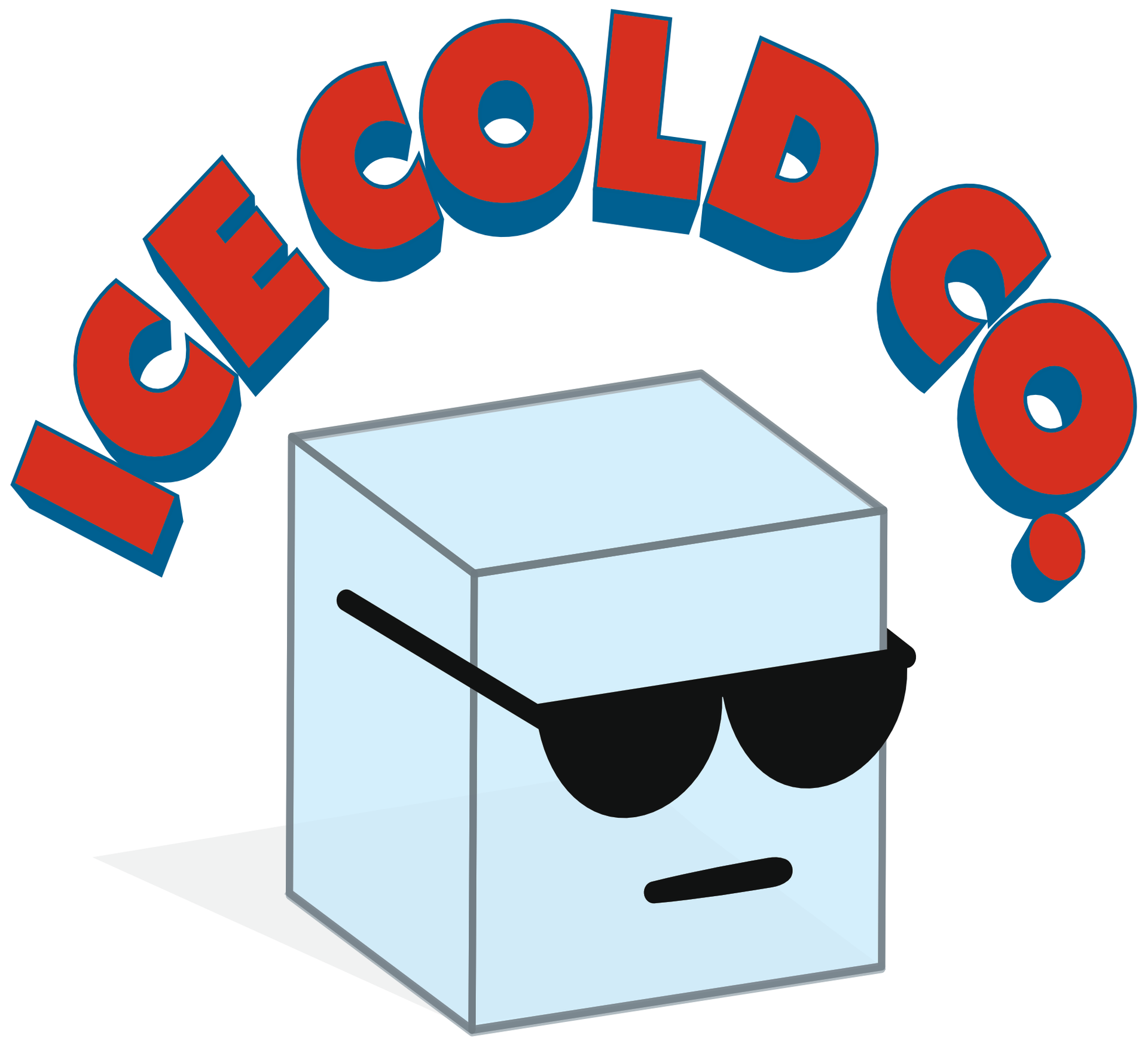 Cartoon ice cube in sunglasses with “ICE COLD” above and “Clear ice is nice...” below.