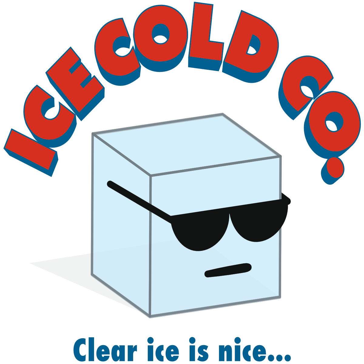 Cartoon ice cube in sunglasses with “ICE COLD” above and “Clear ice is nice...” below.