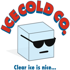 Cartoon ice cube in sunglasses with “ICE COLD” above and “Clear ice is nice...” below.