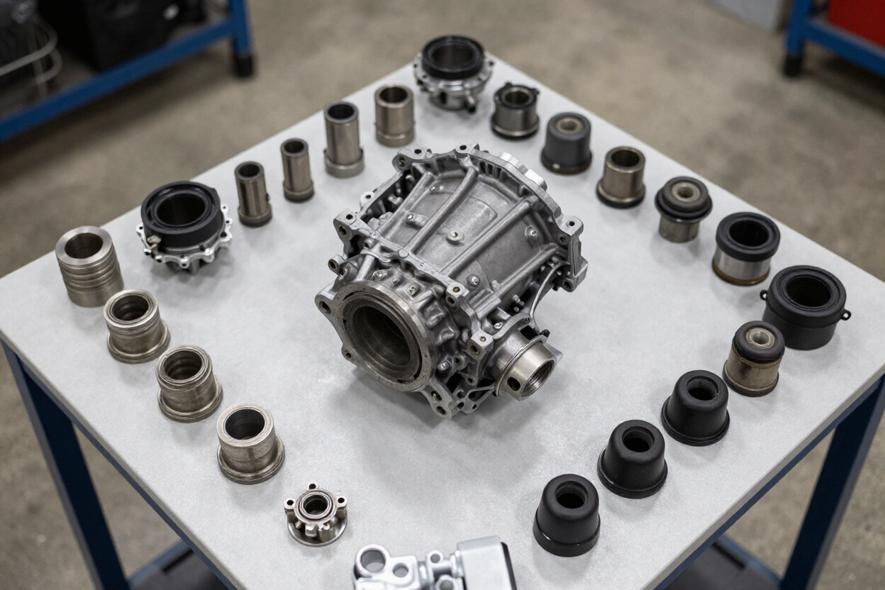 Transmission rebuild in progress on shop bench
