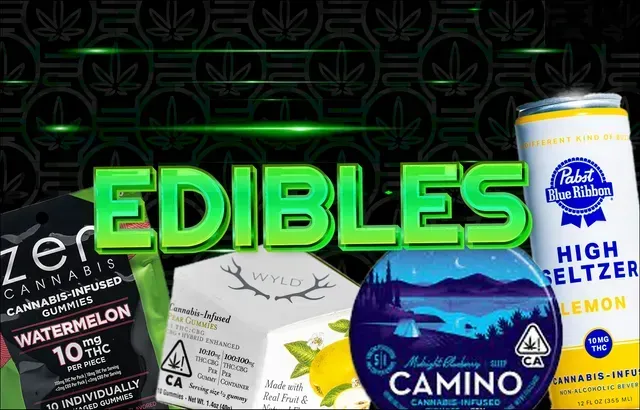 Edibles promotion: Various cannabis-infused products like gummies and seltzers in front of a green background.