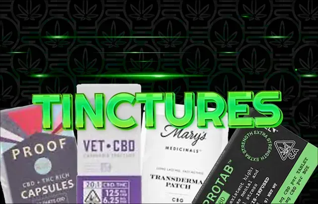 Tinctures ad featuring product boxes from Proof, Vet-CBD, Mary's Medicinals, and Protab with a cannabis-themed background.