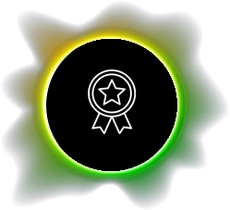Black circle with a white award icon on a green and yellow blurred background.