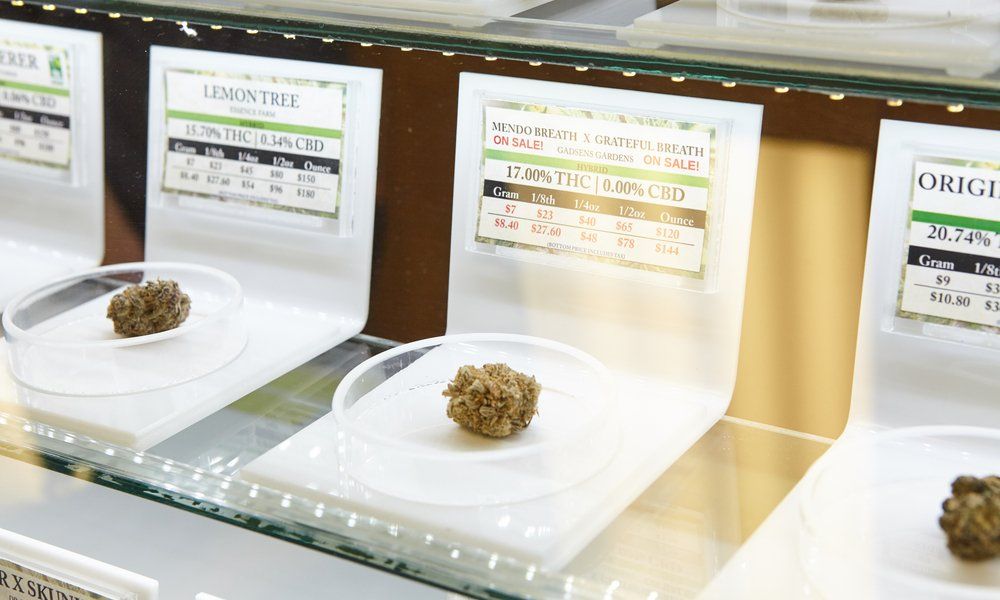 Cannabis buds displayed in a store. Labels indicate strain names, THC/CBD percentages, and pricing.
