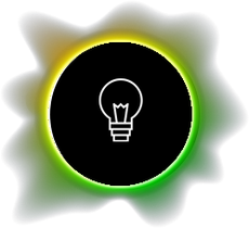 Black circle with a lightbulb icon, outlined in white, with a green and yellow aura.