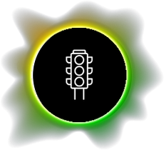 Traffic light icon in a black circle with a green and yellow aura.