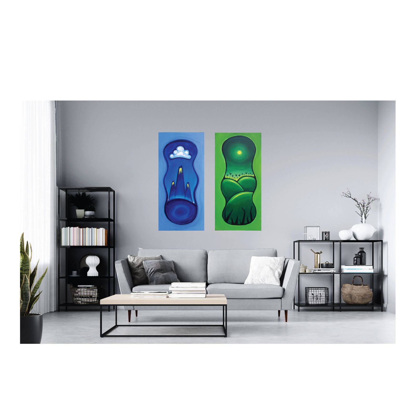 A living room with a couch , coffee table , bookshelf and two paintings on the wall.