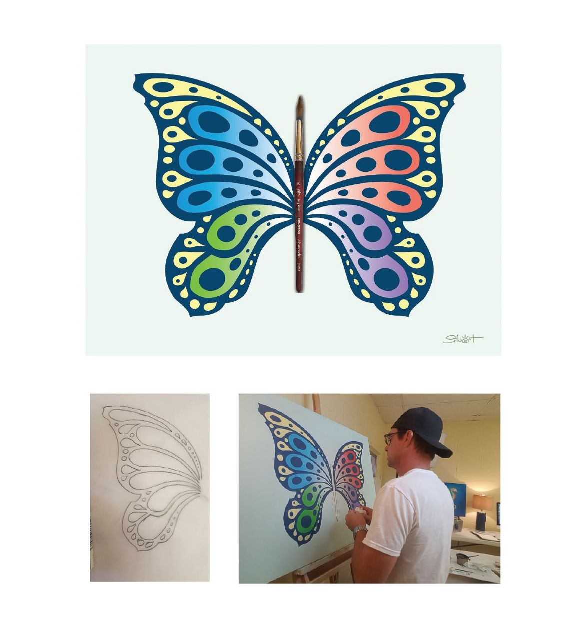 A man is painting a colorful butterfly on a canvas