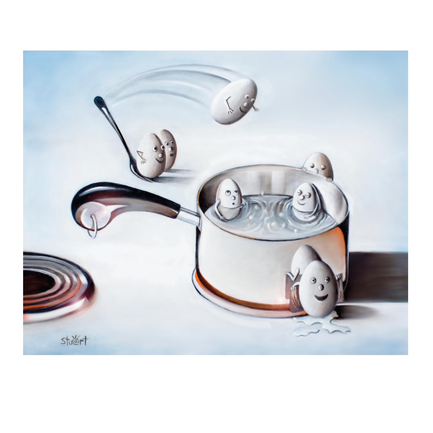 Cartoon eggs with faces play in and around a pot of water on a stovetop, with one egg diving into the water from a spoon.