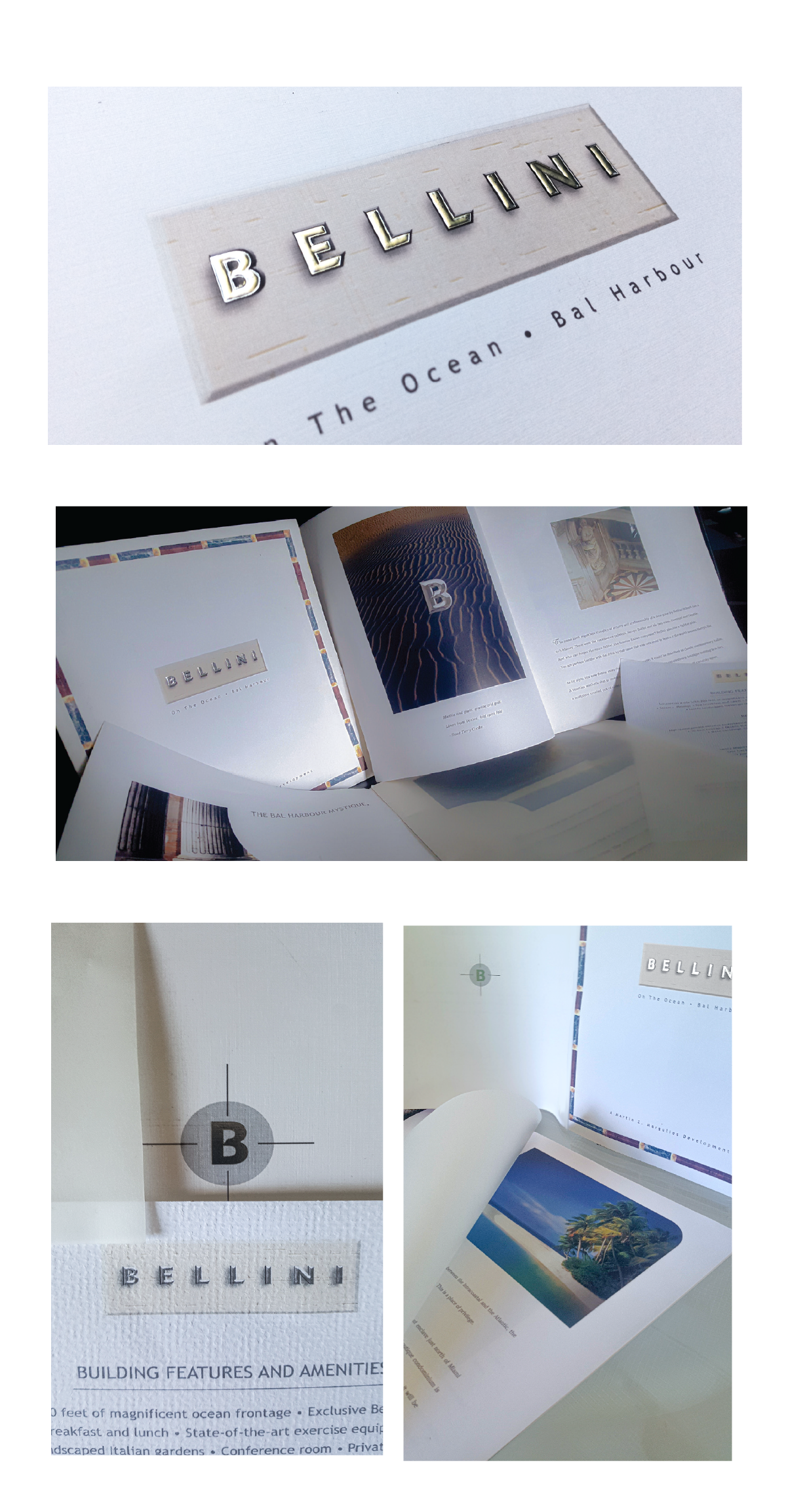 Collage of a beige-and-blue “BELLINI” brochure and packaging mockups on a white background