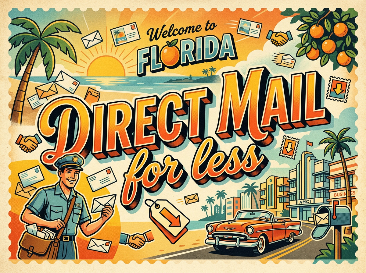 Vintage Florida direct mail ad with palm trees, orange graphics, and delivery truck.