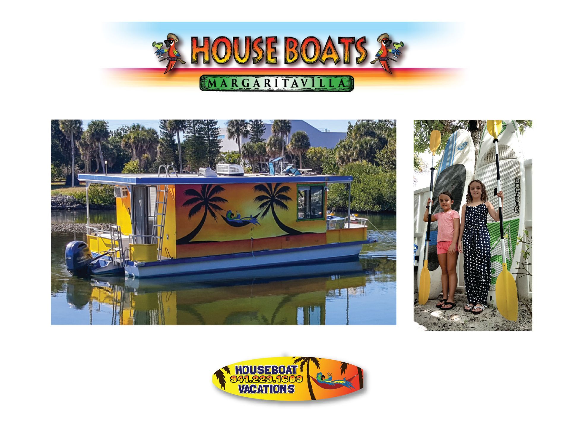 A houseboat with palm tree graphics on the water next to a smaller photo of two people holding paddles by a surfboard.