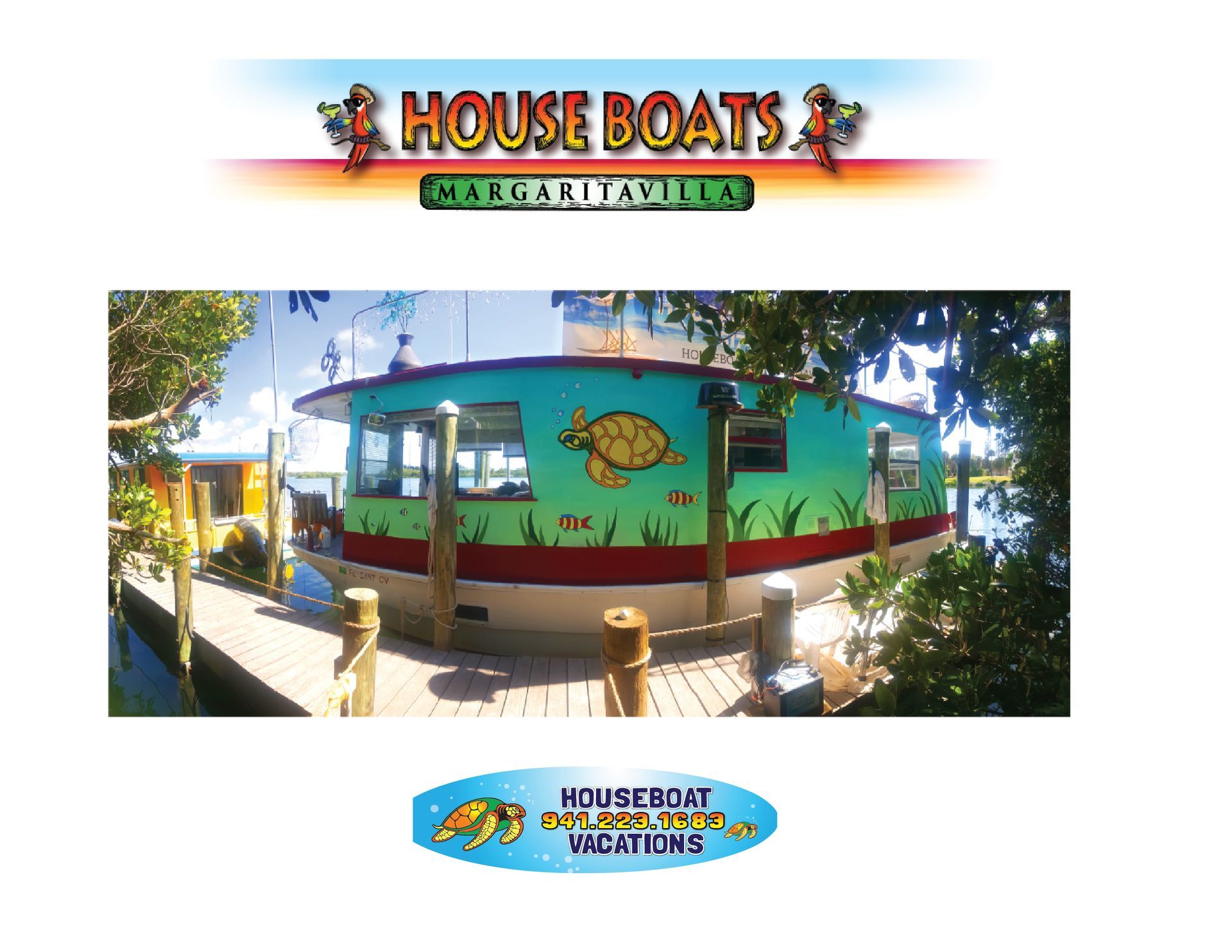 A bright green houseboat with a sea turtle mural docked at a wooden pier, beneath the Margaritaville Houseboats logo.