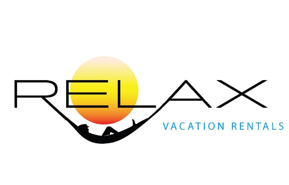Relax Vacation Rentals logo with black text, yellow sun graphic, and blue subtitle