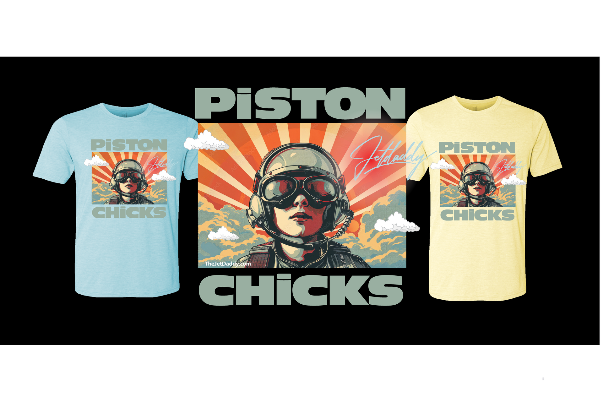 Three t-shirts featuring a retro design of a pilot with goggles, text
