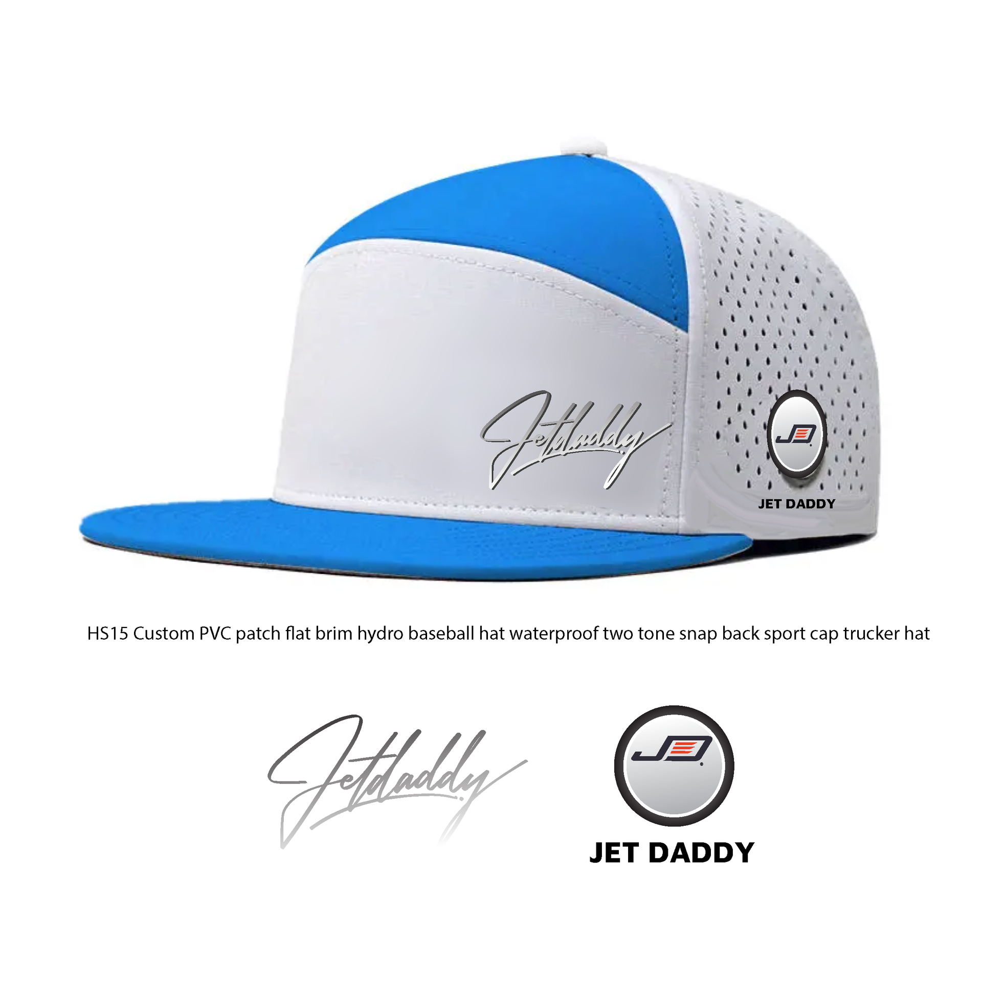 Blue and white Jet Daddy trucker hat with a flat brim. Features the Jet Daddy logo on the front and side.