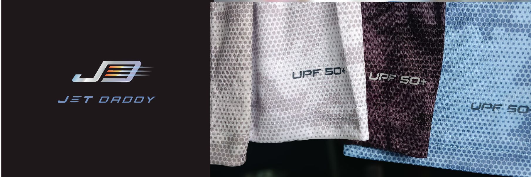 Jet Daddy logo next to three fabric samples with the words
