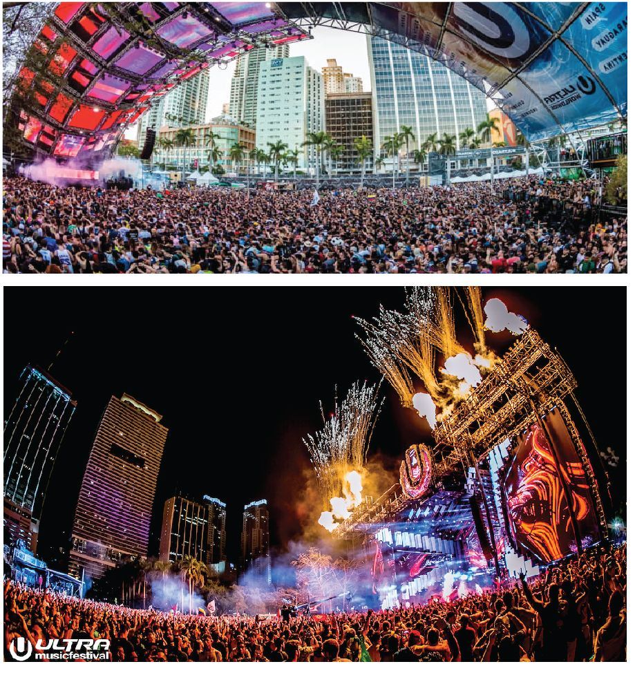 A large crowd of people are gathered at an ultra music festival