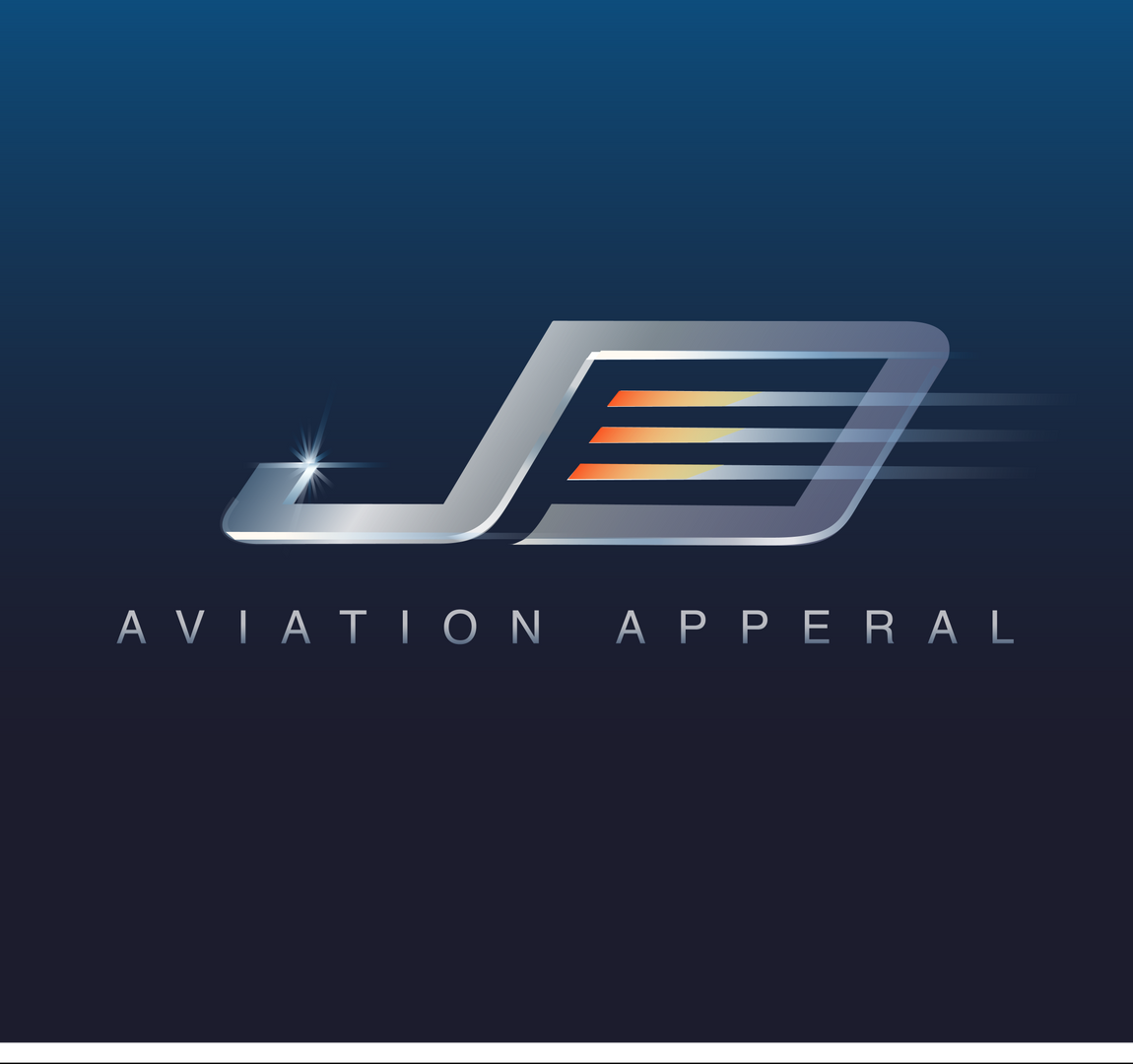 Logo for Aviation Apparel with stylized silver and orange letters on a dark blue background