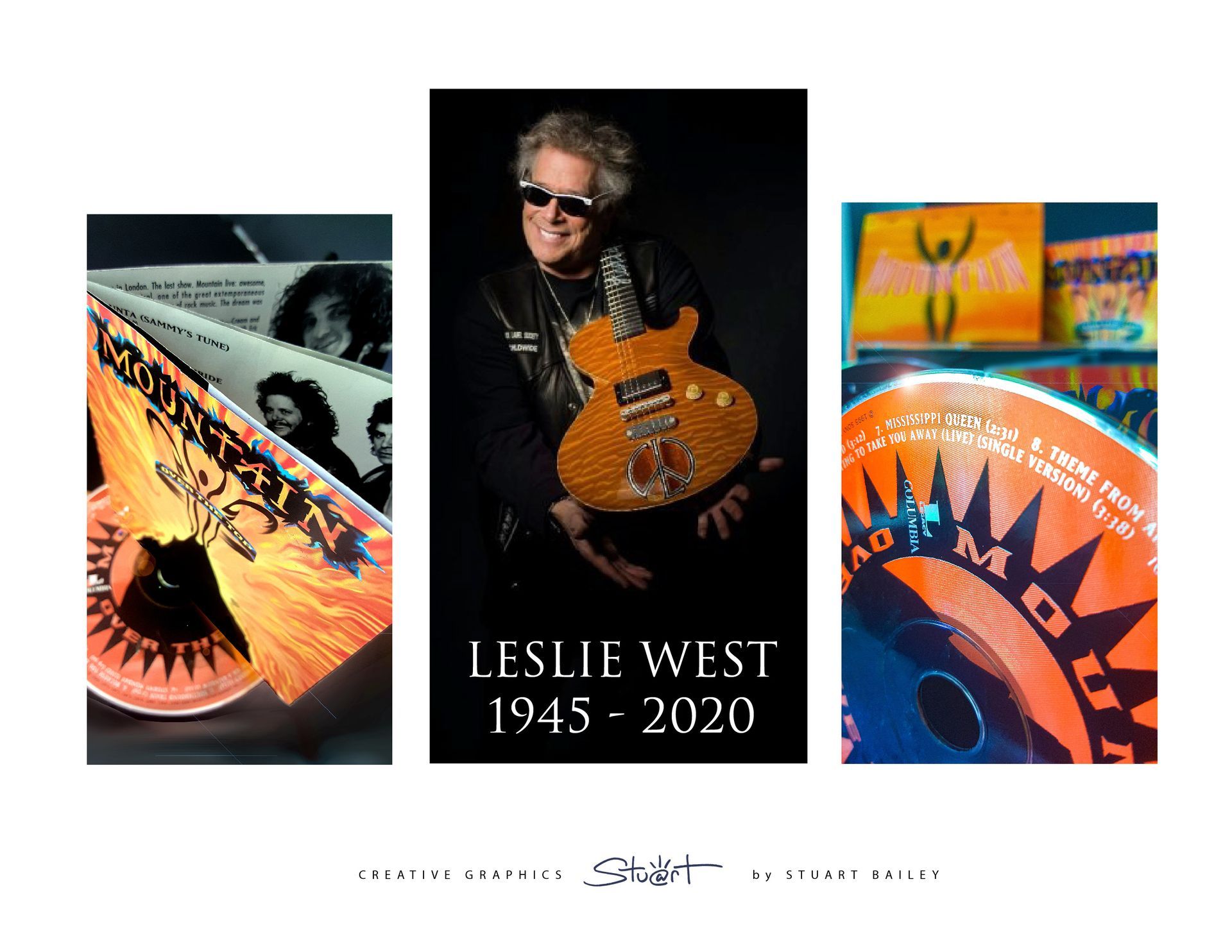 Leslie West holding a guitar in a collage of three pictures.