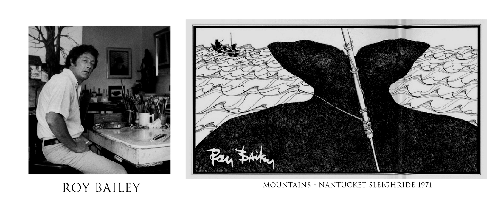 A black and white photo of inside cover of a whale tail drawing by roy bailey