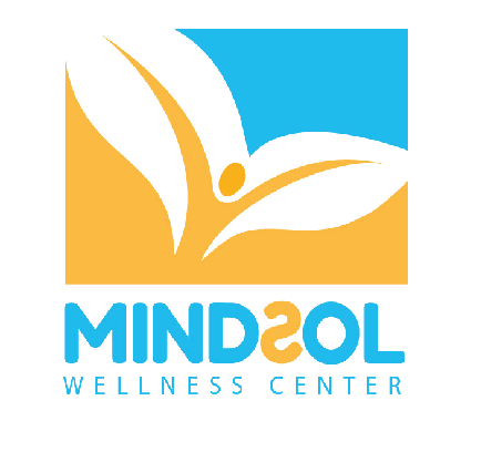 Mind2Oil Wellness Center logo with abstract yellow figure and blue and orange square background