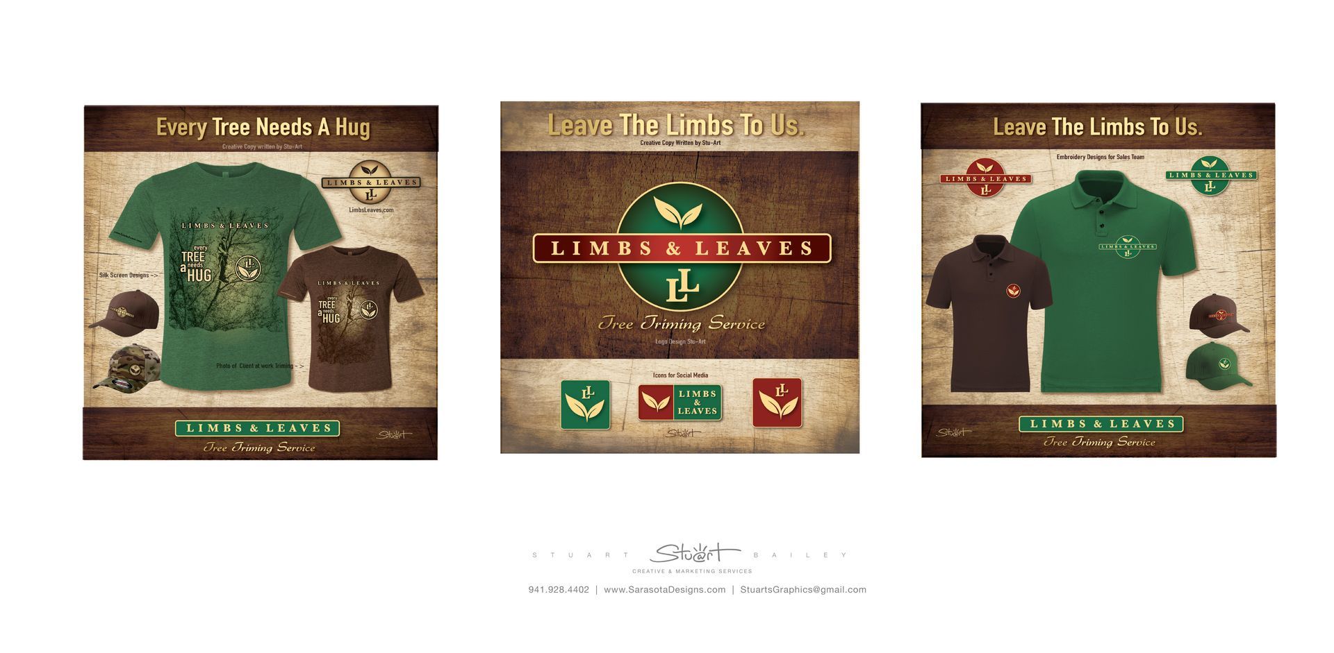 Three advertisements for lime & leaves shirts and hats