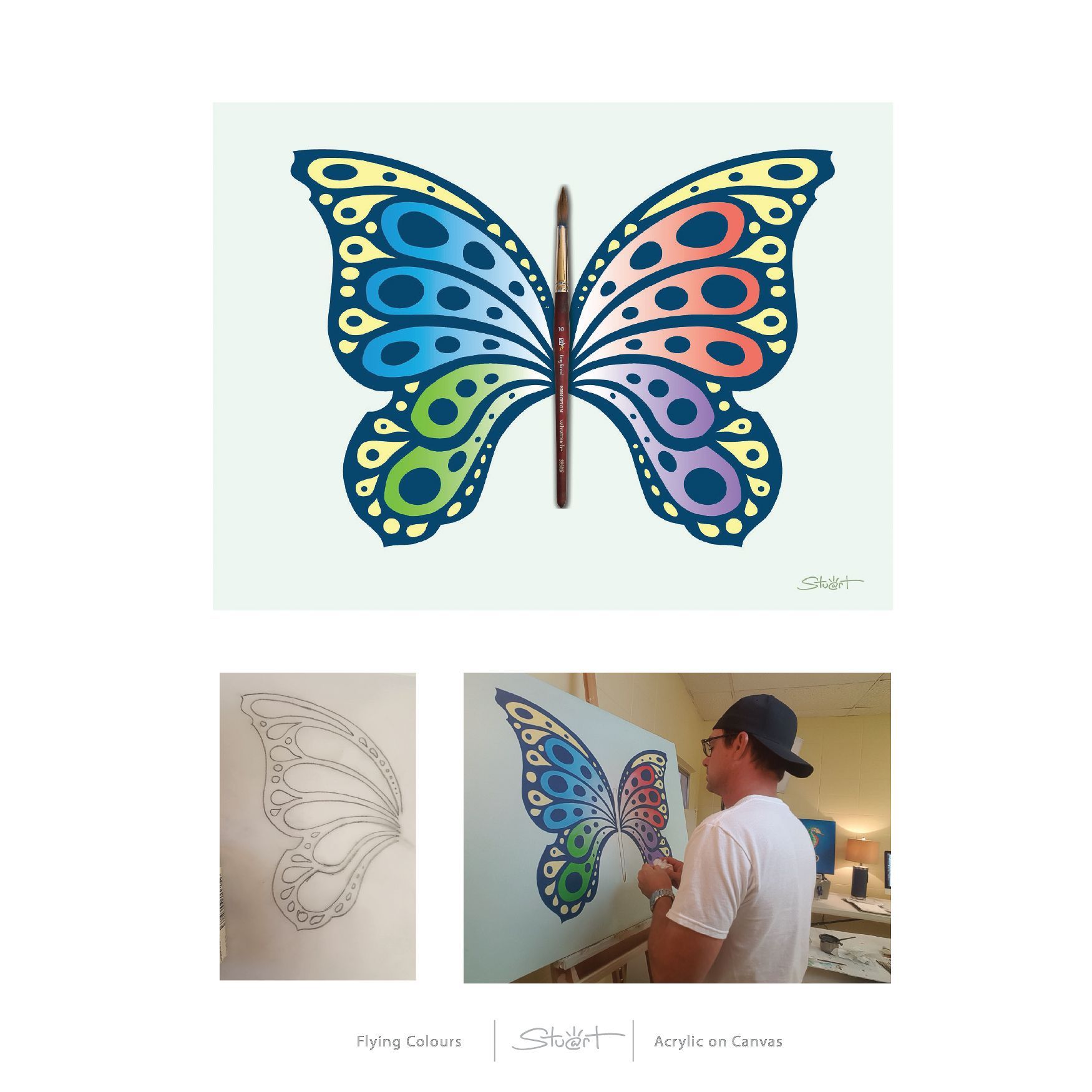 A colorful butterfly art piece with a paintbrush. Artist painting the butterfly on a canvas.