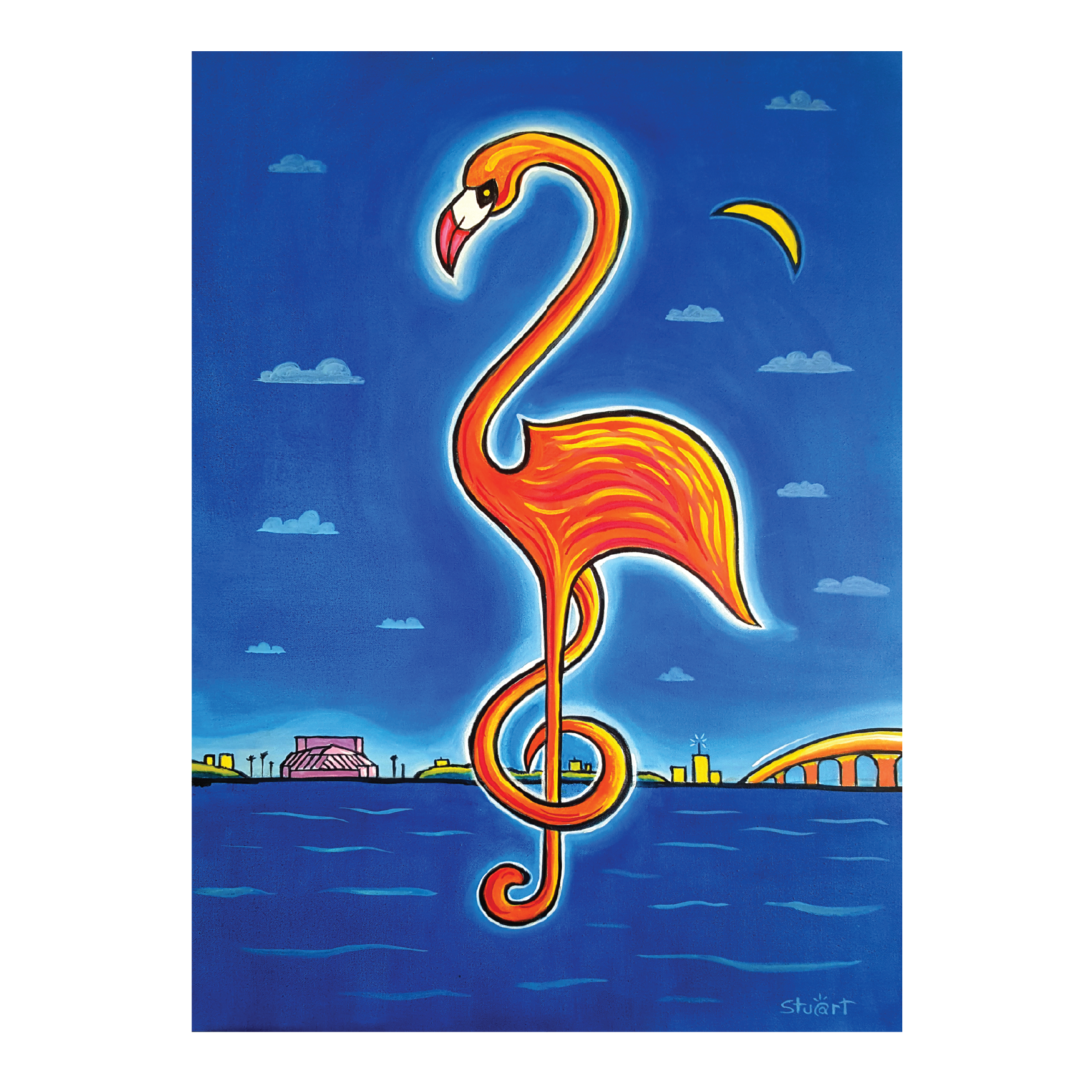 Stu-Art Bailey painting of an Orange flamingo as a treble clef placed in Sarasota bay for Van Wezel Performing Arts