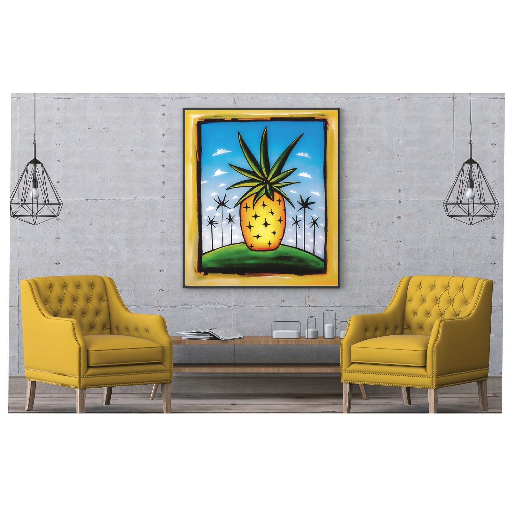 Two yellow tufted armchairs flank a console table beneath a framed painting of a pineapple on a gray wall.