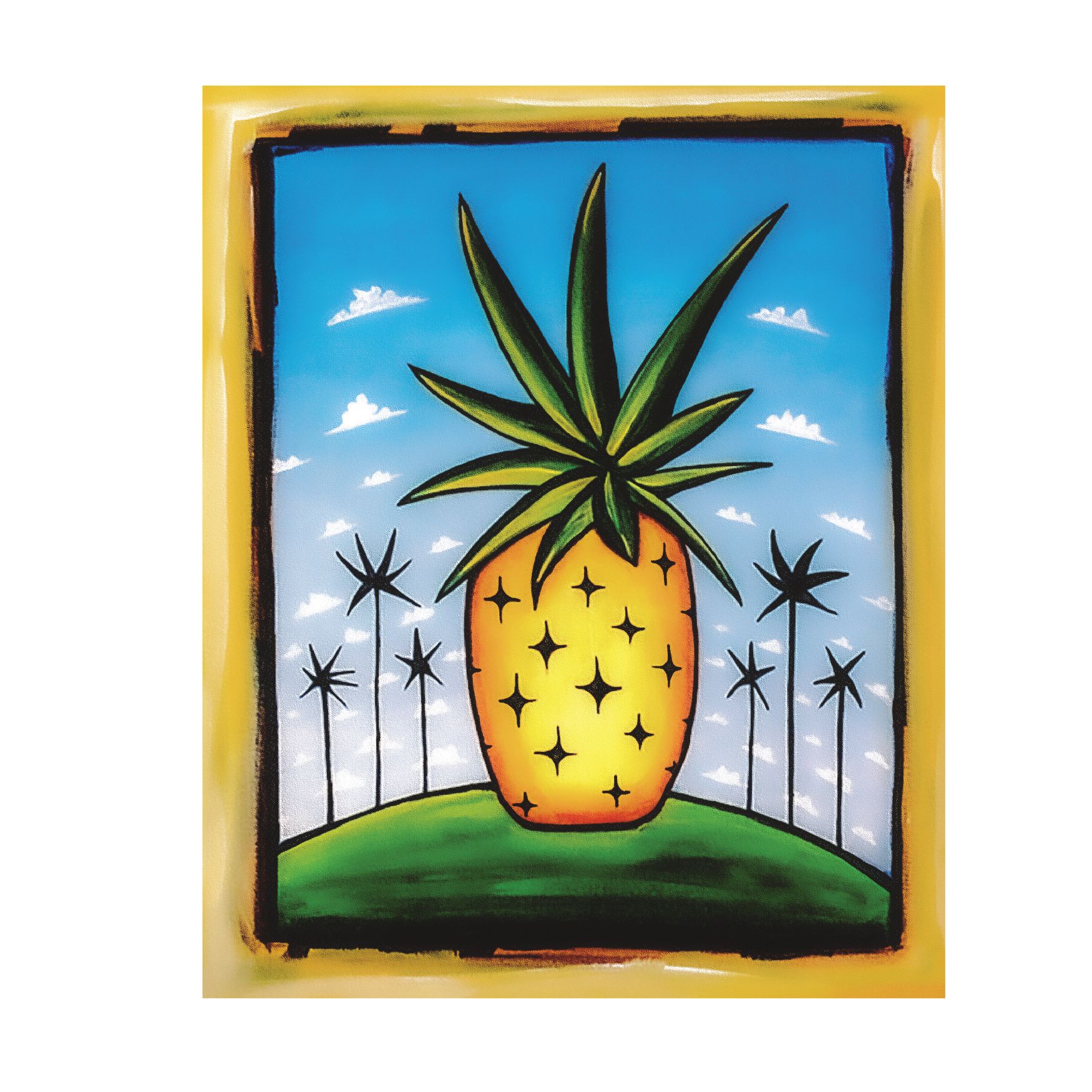 A stylized, yellow pineapple with star patterns stands on a green hill against a blue sky with small palm trees.