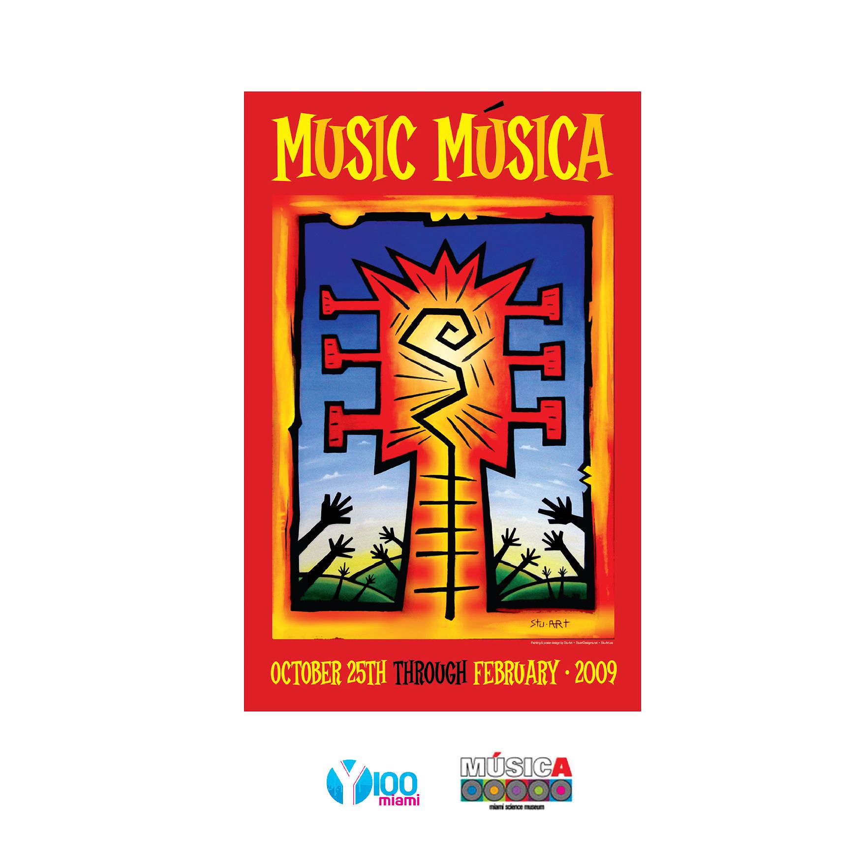 Poster for a 2008-2009 Music/Música exhibit featuring a stylized graphic of a sun-like instrument over raised hands.
