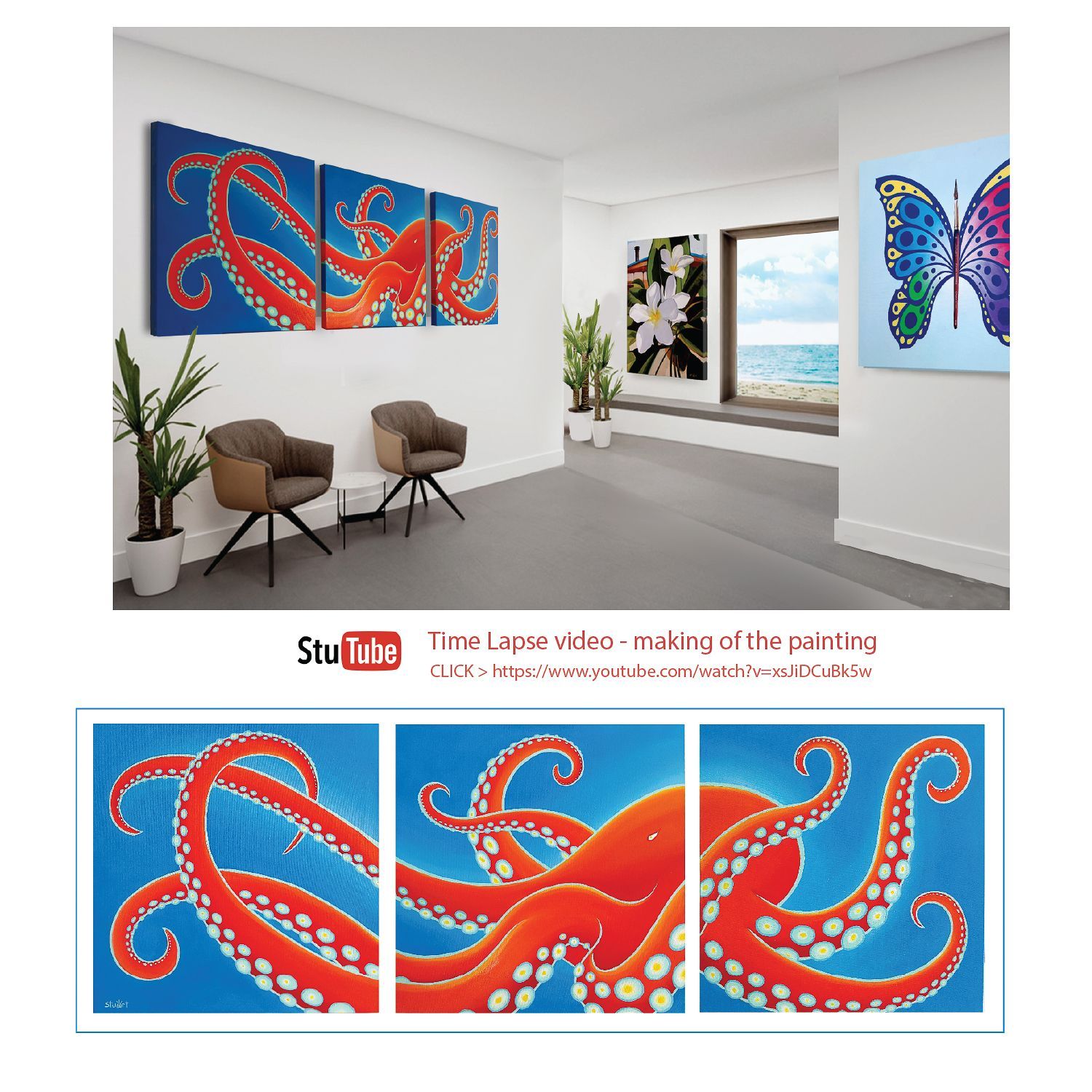A triptych painting of an orange octopus on a blue background displayed in a room with a window and a butterfly painting.