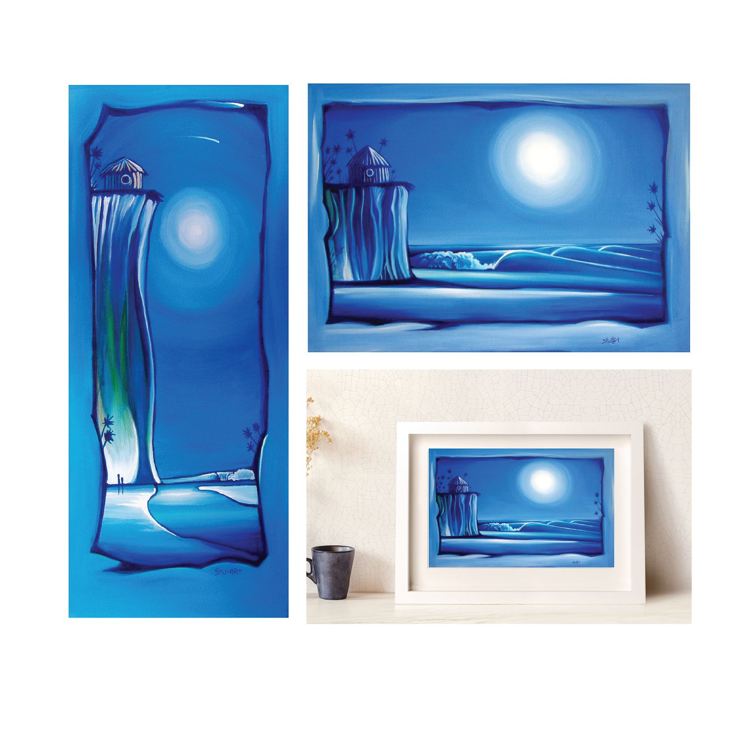 A tall and wide blue-toned digital art piece of a moonlit cliffside house shown in isolation and as a framed print.