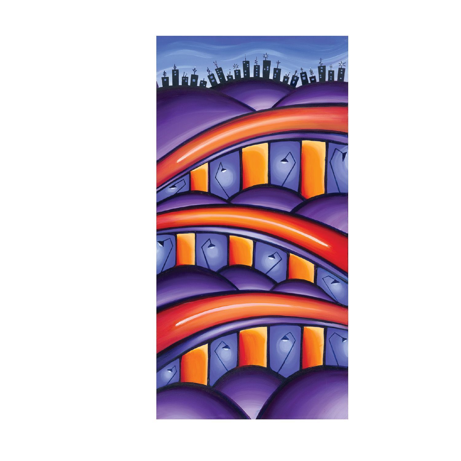 A stylized illustration of rolling purple hills with orange paths, streetlights, and a distant city skyline under a blue sky.