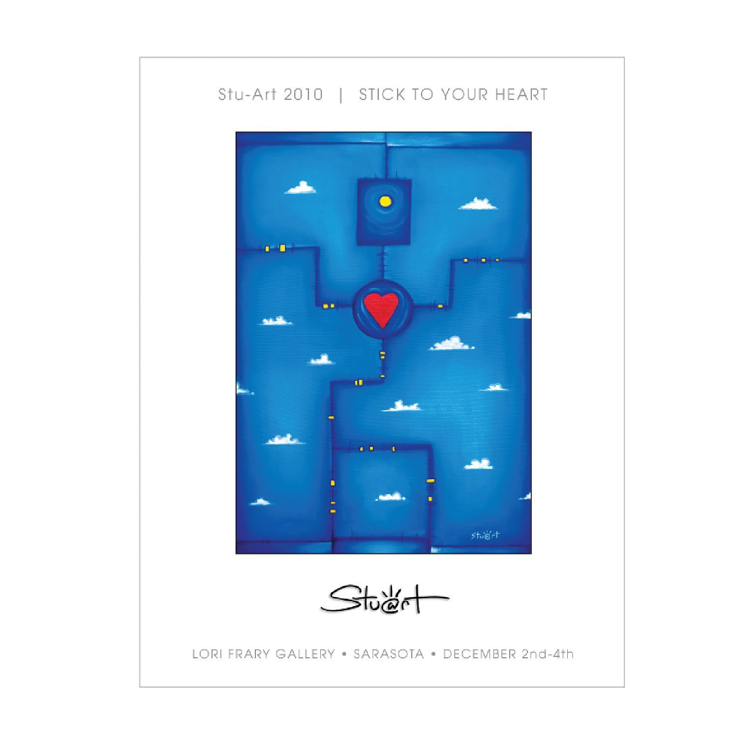 Event flyer for Stu-Art 2010 featuring a blue abstract painting with a red heart, at Lori Edary Gallery, Dec 2nd–4th.
