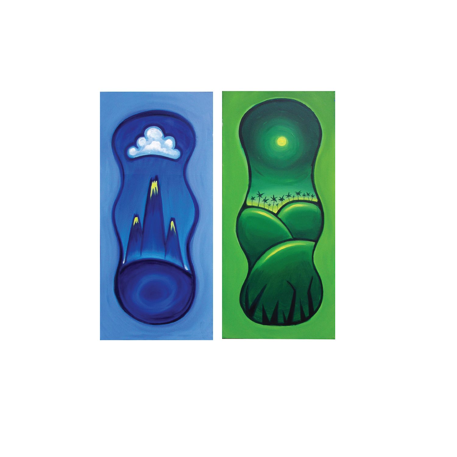 Two vertical panels with rounded center shapes: one blue depicting snow-capped mountains and a cloud, one green with hills.