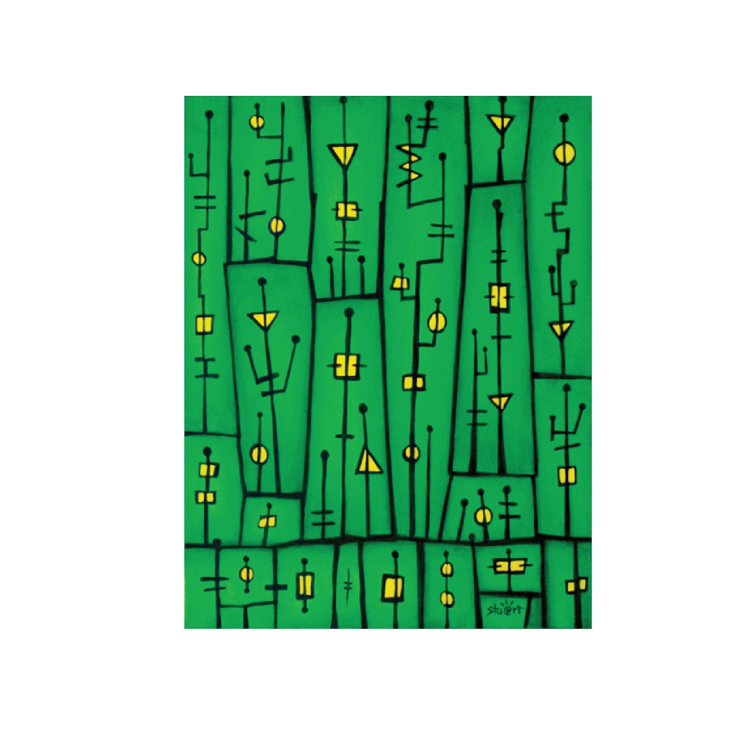 An abstract print featuring yellow geometric shapes and line work on a green background, divided into irregular panels.