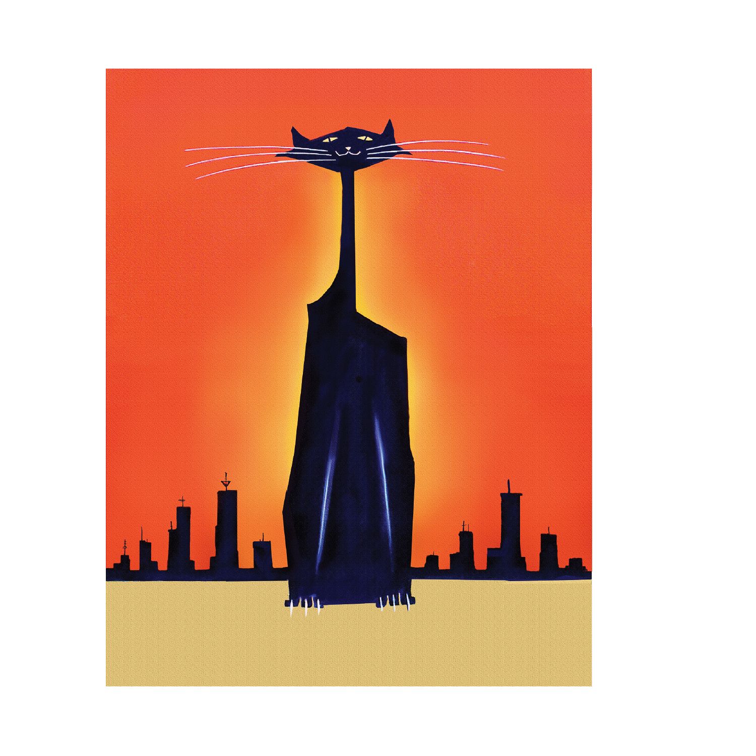 An elongated black cat stands against an orange sunset background with a silhouetted city skyline at its base.