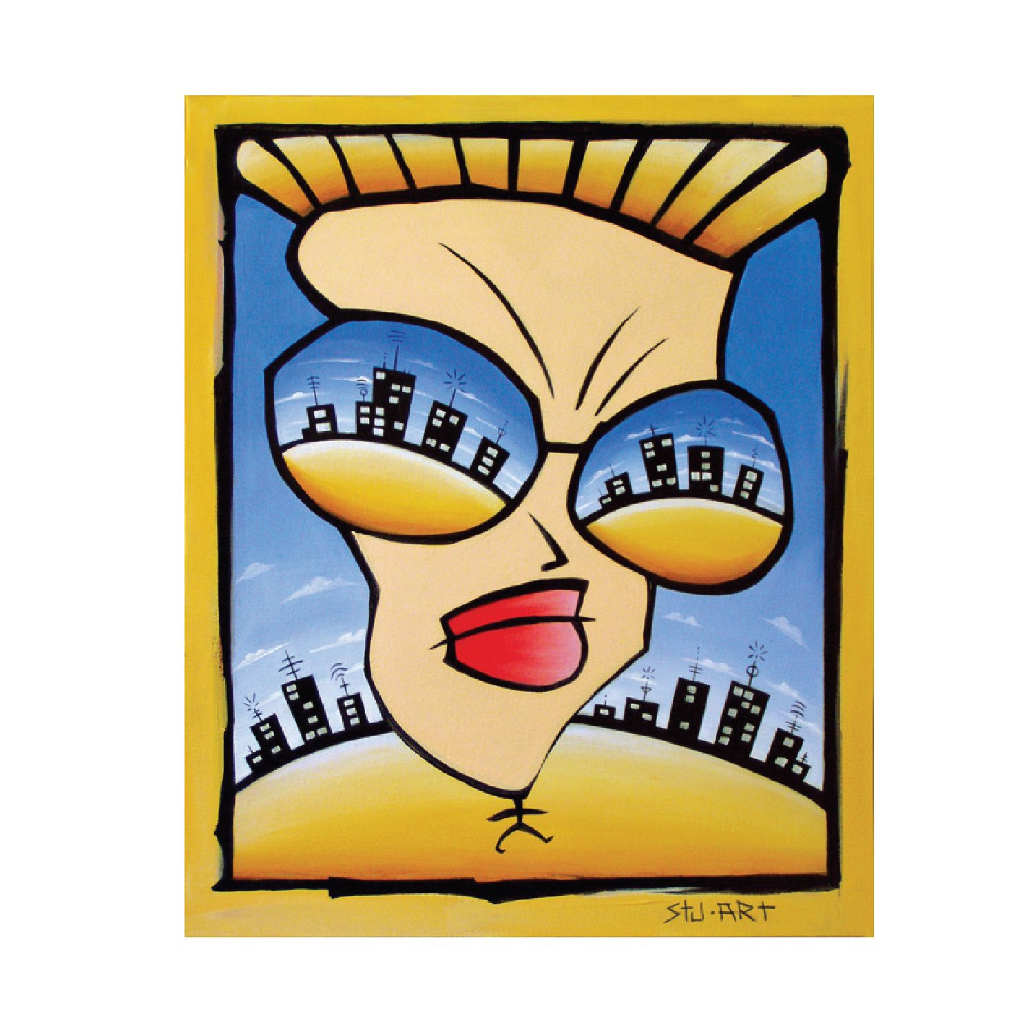 Stylized cartoon portrait with oversized sunglasses reflecting a city skyline against a yellow and blue background.