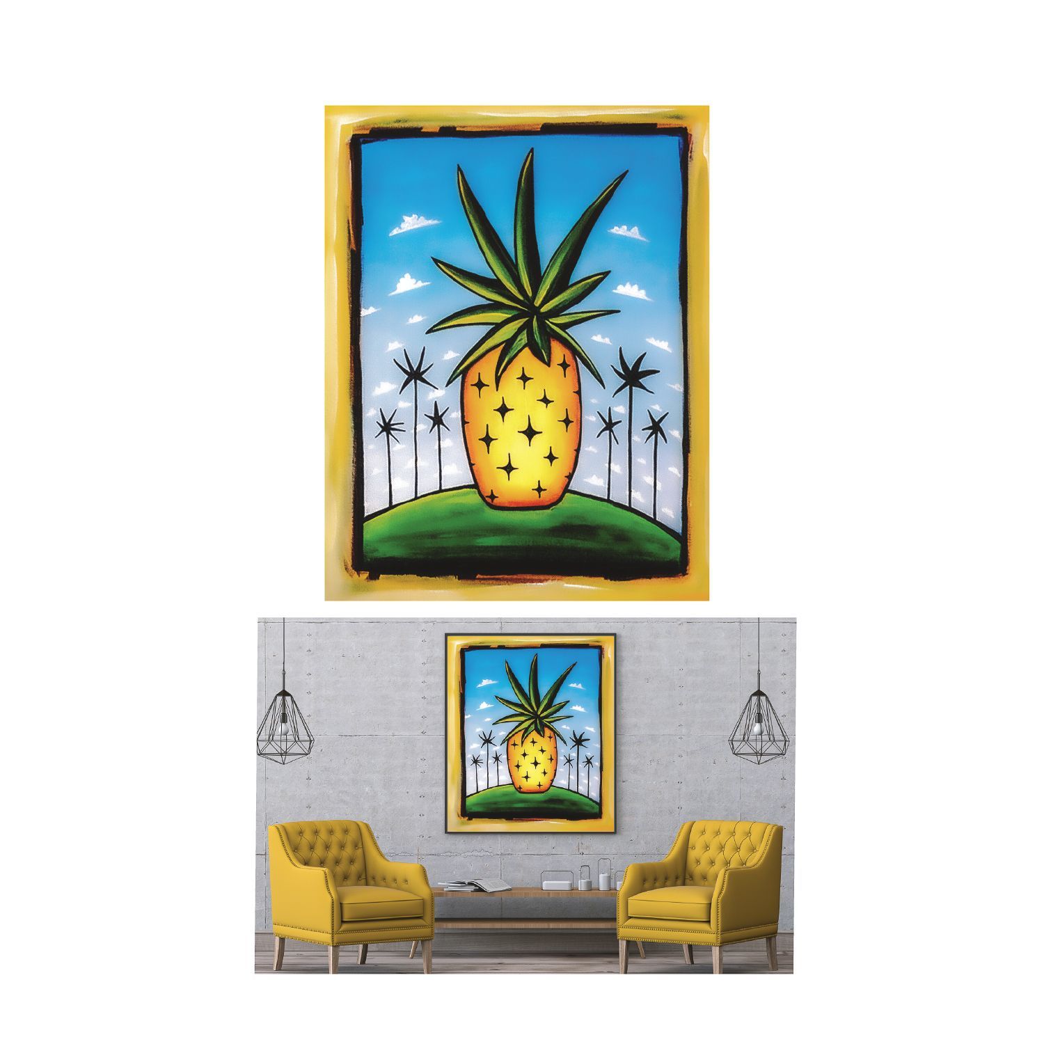 A painting of a stylized pineapple on a hill hangs between two yellow armchairs in a room with grey walls.