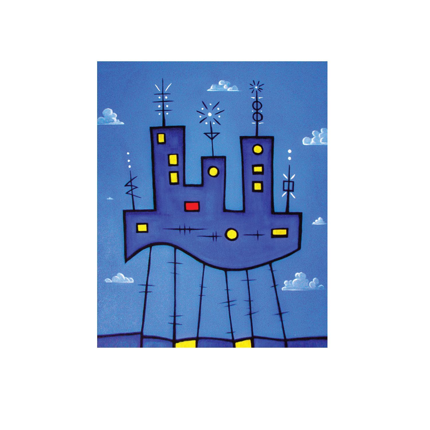 A whimsical purple structure with illuminated windows and antennas on tall, spindly legs against a blue, cloudy sky.